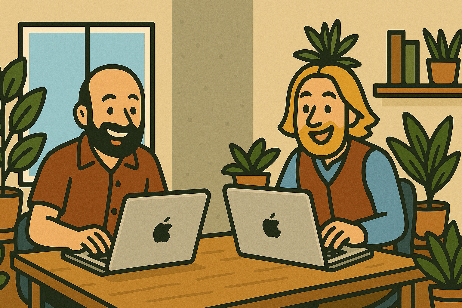 Alex and Finn working together on laptops surrounded by plants
